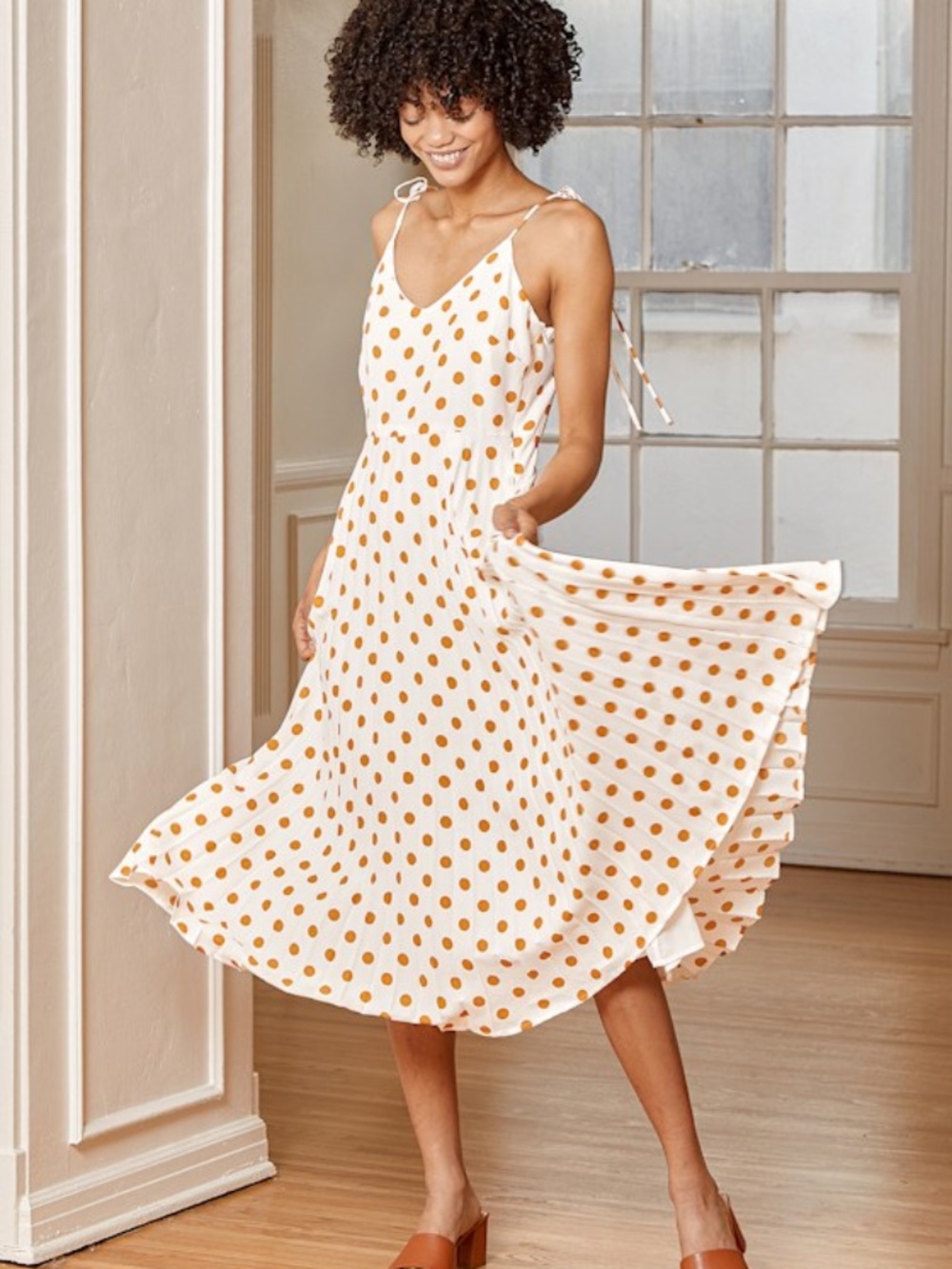 Lulus Nostalgic Love White Polka Dot Pleated Midi Dress - Size M